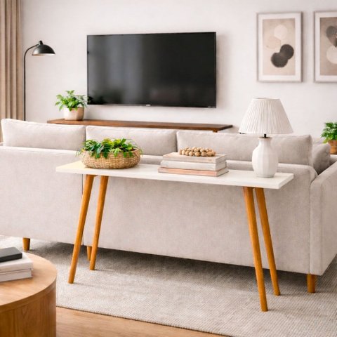 Aparador Moderno para Sala e Hall de Entrada 90x35x82 cm 4 Pés de Madeira Mesa Decorativa Off White