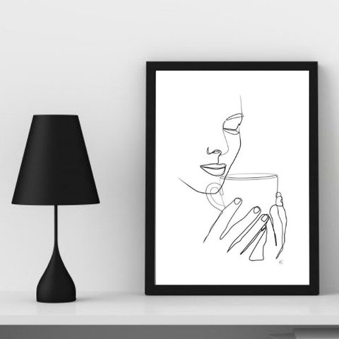 Quadro Minimalista Mulher Bebendo café 24x18cm - com Vidro:madeira Preta