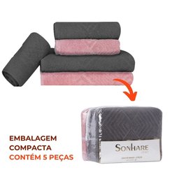 Jogo de Toalhas de Banho 100% Algodão 5 Peças Completo Max Sonhare Sultan Gris e Rosa - 3