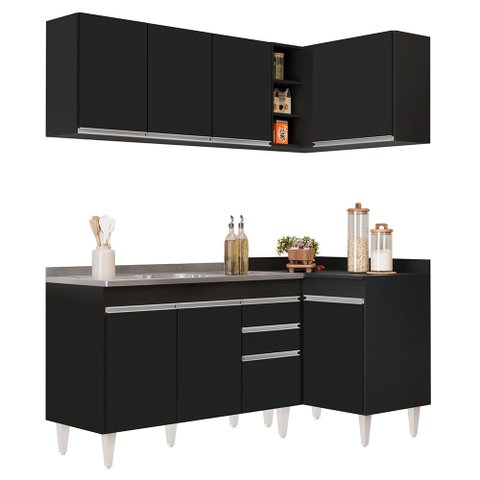 Armário de Cozinha Modulado de Canto Esquerdo 4 Peças Cp48 com Pia Inox Preto - Lumil Lumil Móveis