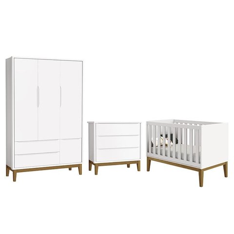 Dormitório Infantil Classic 3 Portas, Cômoda 3 Gavetas e Berço Branco Fosco com Pés Amadeirado - Rel