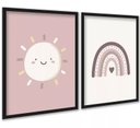 Ver imagem 1 de Kit 2 Quadros Infantis Sol e Arco-íris Rosê 24x18cm:moldura Preta