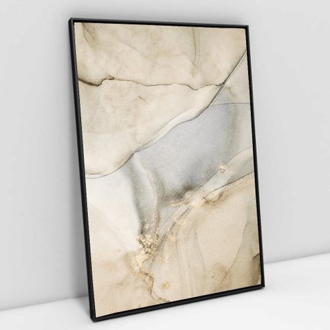 Quadro Decorativo em Canvas Abstrato Mármore Branco Perolado TaColado Moldura Flutuante 4,5cm Preta 
