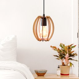 Kit Luminária Lustre Pendente de Madeira Dante E27 15x17cm com Lâmpada Retrô Cor:marfim - 3
