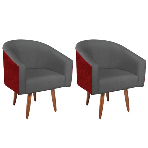 Kit 02 Poltronas Luiza Pés Palito Factor Vermelho e Linho - Doce Sonho Móveis KIT 2 POLTRONA POLTRON