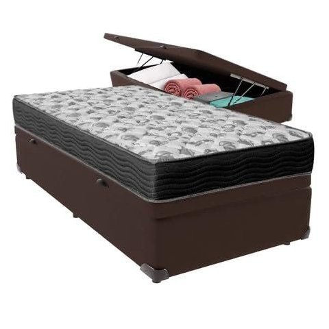 Cama Box Baú Solteiro Linhão Marrom + Colchão Solteiro de Espuma - Ortobom ISO 100