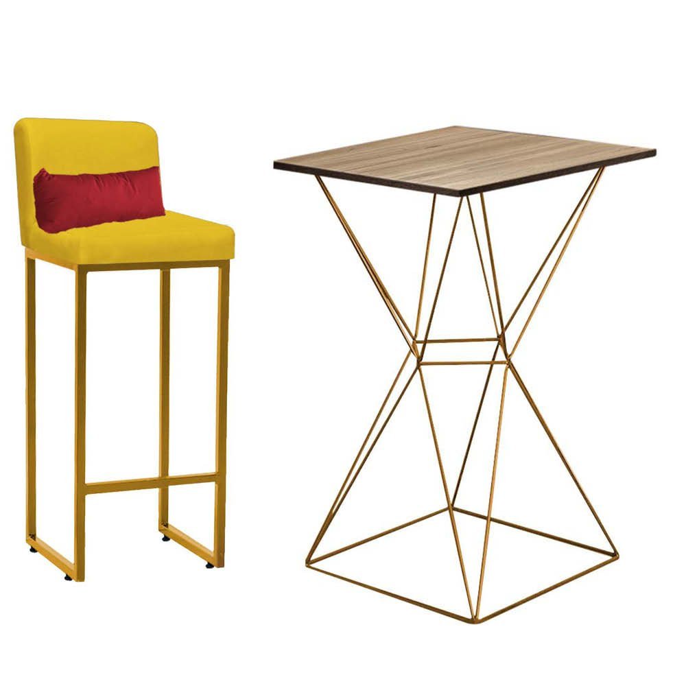 Kit Mesa Bistrô Lucca e 1 Banqueta Lucca Tampo Carvalho Ferro Dourado Sintético Amarelo e Almofada V - 1