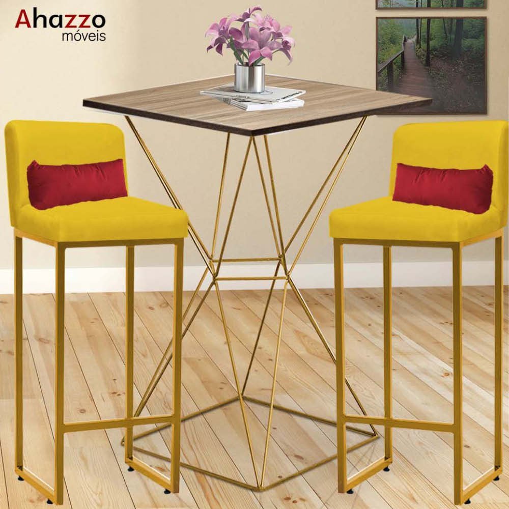 Kit Mesa Bistrô Lucca e 1 Banqueta Lucca Tampo Carvalho Ferro Dourado Sintético Amarelo e Almofada V - 2