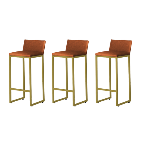 Kit 3 Banquetas Alta Dani Reforçada Decorativa Balcão Bancada Cozinha Base Dourada Courino Caramelo