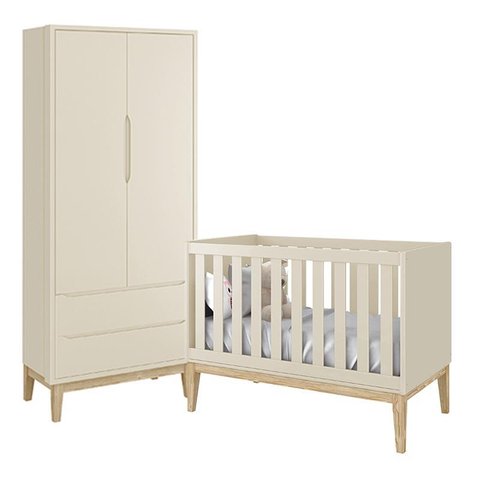 Jogo de Quarto Classic Guarda Roupa 2 Portas e Berço Areia Fosco com Pés Madeira Natural - Reller