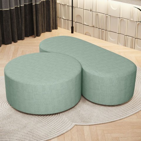 Kit Puff Redondo Lola e Puff Recamier Orgânico Orbit W01 Linho Verde Menta - Lyam Decor