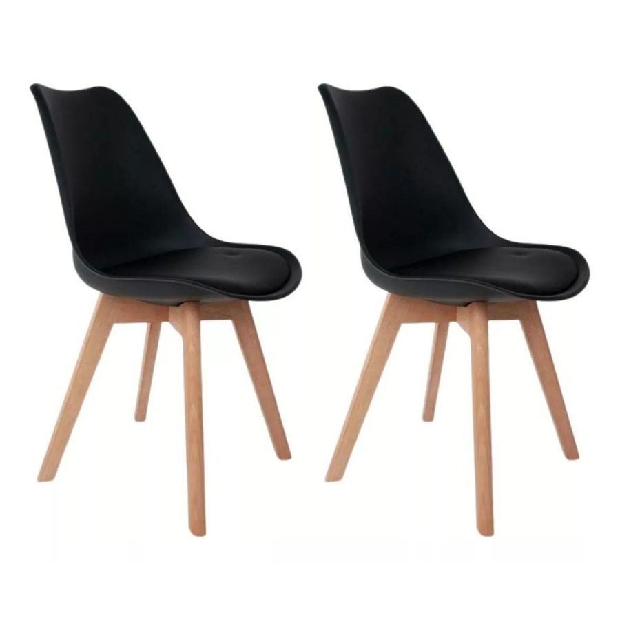 Kit 2 Cadeiras de Jantar Saarinen Leda Tulipa Base Wood Madeira Maciça com Estofado em Couro Preto