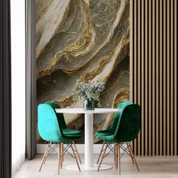 Papel de Parede Painel 3D Mármore Cinza com Dourado Auto 2M Colante Lavável Revestimento Brilhoso - 1