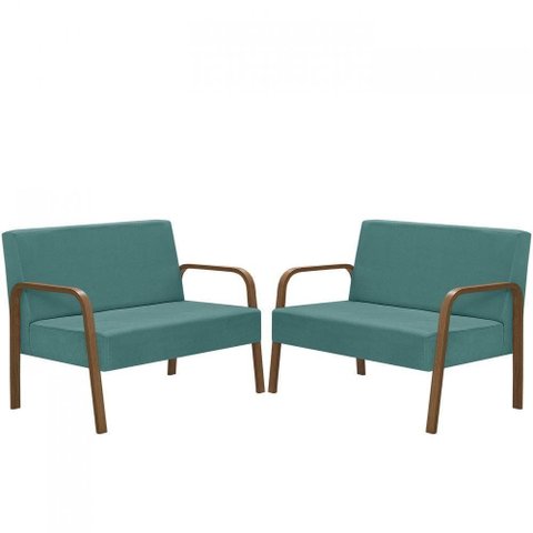 Kit 2 Poltrona 2 Lugares Jade Braço Madeira Turquesa