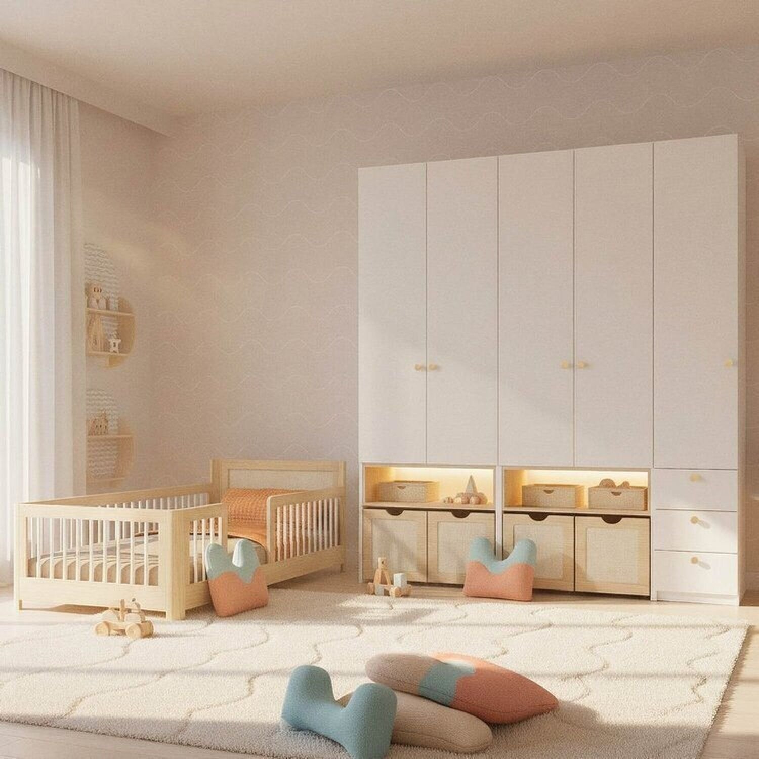 Guarda-Roupa Modulado e Cama Solteiro Montessoriano Infantil Wave