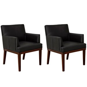 Kit 2 Poltronas Decorativa Vitória Couro Preto Pés Madeira Ms Decor