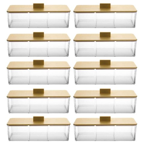 Kit 10 Caixas para Chá Tampa Bambu Organizador 3 Divisórias