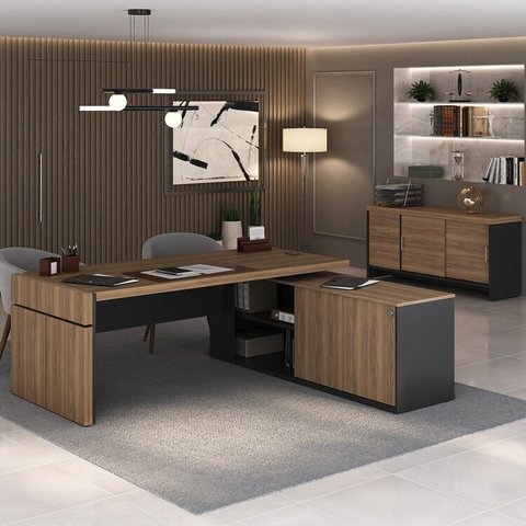 Kit 2 Peças com Mesa para Escritório Diretor em L em Tamburato e Armário Multiuso Baixo Marrom/Nogal/Preto Artany