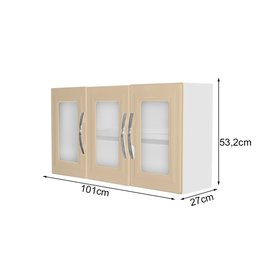 ARMARIO AÉREO COZINHA/LAVANDERIA 3 PORTAS DE VIDRO E AÇO BEGE MUNIQUE - MARROART - 2