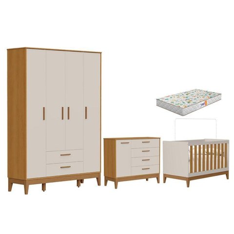 Quarto de Bebê Flip Guarda Roupa 4 Portas Areia Acetinado Savana com Colchão Gazin - Reller