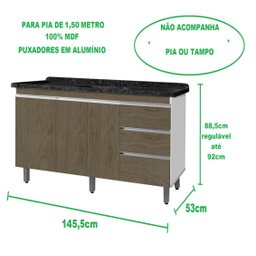 Gabinete Para Pia de 1.50 Metro balcão 100% MDF com Puxador em Alumínio inteiro chapa de 15mm ultima - 4
