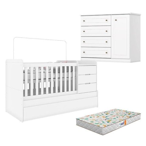 Berço Multifuncional Cleo e Cômoda Infantil Americano Branco Fosco com Colchão Gazin - Henn