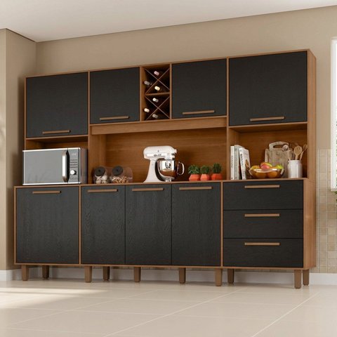 Armário de Cozinha Compacta 8 Portas 3 Gavetas com Bancada e Nichos Cinamomo/Preto Catedral Apollo