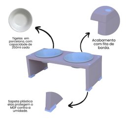 Comedouro Elevado Duplo Pet Gato Cachorro Mdf Nick - Porcelana - Rose - 4