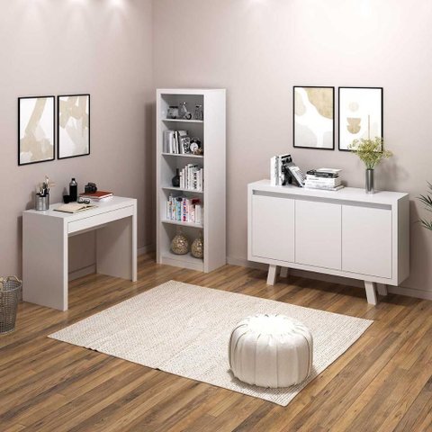 Kit para Escritório com Mesa Estante e Balcão Buffet 3 Portas 1 Gaveta MDP 135,8cm Branco