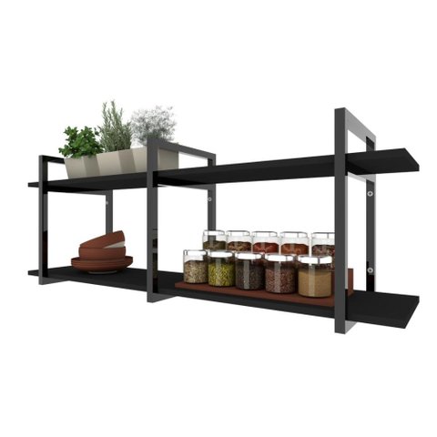 Prateleira Industrial Nichos Cozinha Preto Suporte Industrial Suspensa Ferro Madeirasimples