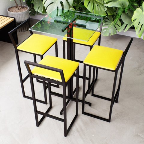 Conjunto Mesa Alta Bar Bistrô Quadrada Vidro 4 Banquetas Estofado Don Castro Decor