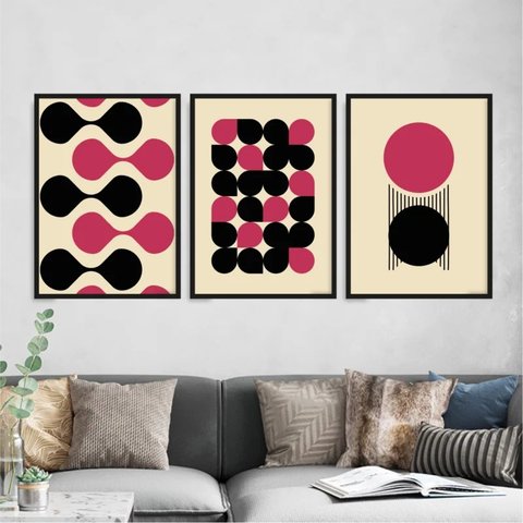 Kit 3 Quadros Bauhaus Abstrato Magenta e Preto 45x34cm - com vidro:Madeira preta