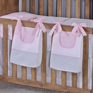Porta Fralda Organizador Quarto de Bebê Menino Menina 2 Peças com Laço:chevron Rosa