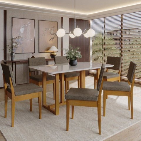 Conjunto Sala de Jantar 6 Cadeiras Tampo de Vidro Filadélfia Natural Cerejeira/Legacy