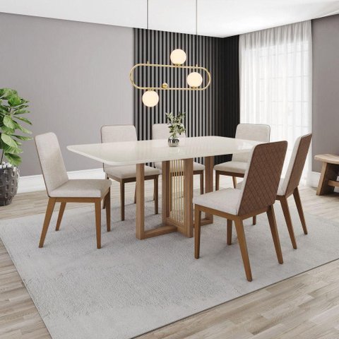 Conjunto de Jantar Natalí 6 Lugares Tampo MDF Cadeiras Corano Caramelo Linho 160cm Móveis Henn
