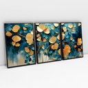 Ver imagem 1 de Kit Quadro Decorativo 3 Telas Canvas Flores Douradas em Tons de Azul Tacolado Moldura Flutuante 4,5c