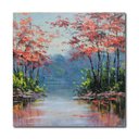 Ver imagem 1 de Quadro paisagem Lago Arvores laranja reflexo acrilico sobre tela Pintado a mão Arte Quadro