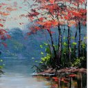 Ver imagem 2 de Quadro paisagem Lago Arvores laranja reflexo acrilico sobre tela Pintado a mão Arte Quadro