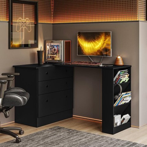 Cômoda com Mesa Giratoria Gamer Preto Fosco - Qmovi