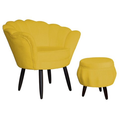Combo Poltrona Decorativa E Puff Para Recepção Pétala Suede Mostarda - LM DECOR