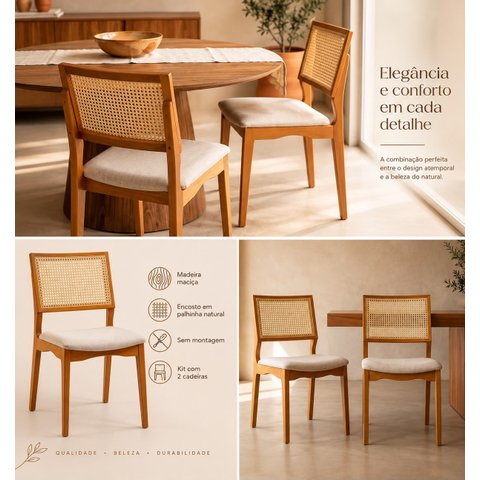 Kit 4 Cadeiras de Jantar Palha Estofada Linho Bege Encosto em Tela Sextavada Rubi Madeira Maciça Mel
