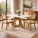 Ver imagem 1 de Kit 4 Cadeiras de Jantar Palha Estofada Linho Bege Encosto em Tela Sextavada Rubi Madeira Maciça Mel