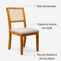 Kit 4 Cadeiras de Jantar Palha Estofada Linho Bege Encosto em Tela Sextavada Rubi Madeira Maciça Mel - 8