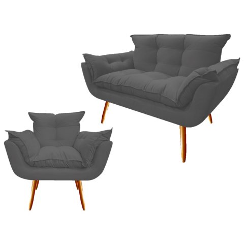 Kit Namoradeira + Poltrona Decorativa Opala Suede Cinza Pés Madeira Mz Decor