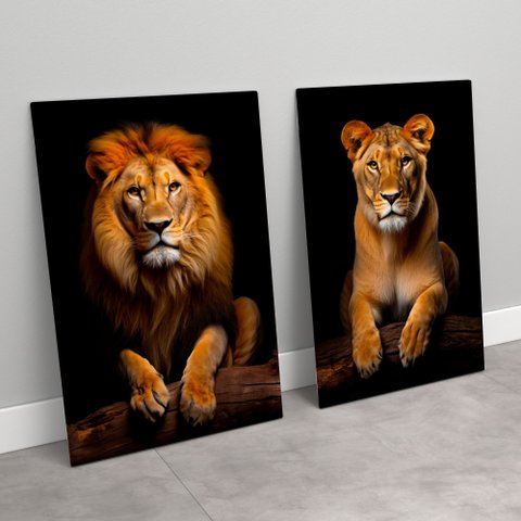 2 Quadros Decorativos Leão e Leoa no Tronco Sala Quarto Casa Escritório