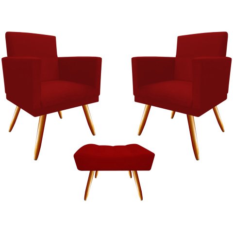 Kit 2 Poltronas Decorativa Bia + Puff Retangular Suede Vermelho Pés Madeira Mz Decor