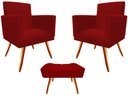 Ver imagem 1 de Kit 2 Poltronas Decorativa Bia + Puff Retangular Suede Vermelho Pés Madeira Mz Decor