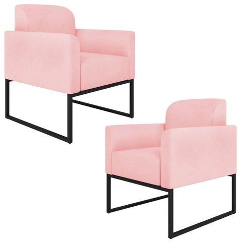 Kit 2 Poltronas Decorativas Isabella Base Industrial Suede Rosa Bebê/Preto Gran Belo