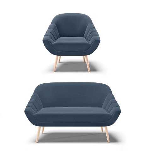 Kit 01 Namoradeira E 01 Poltrona Suede Azul Marinho