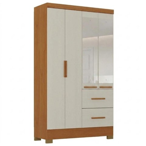 Guarda Roupa Solteiro 4 Portas com Espelho Primor 121x209 cm Cinamomo Areia Zanz